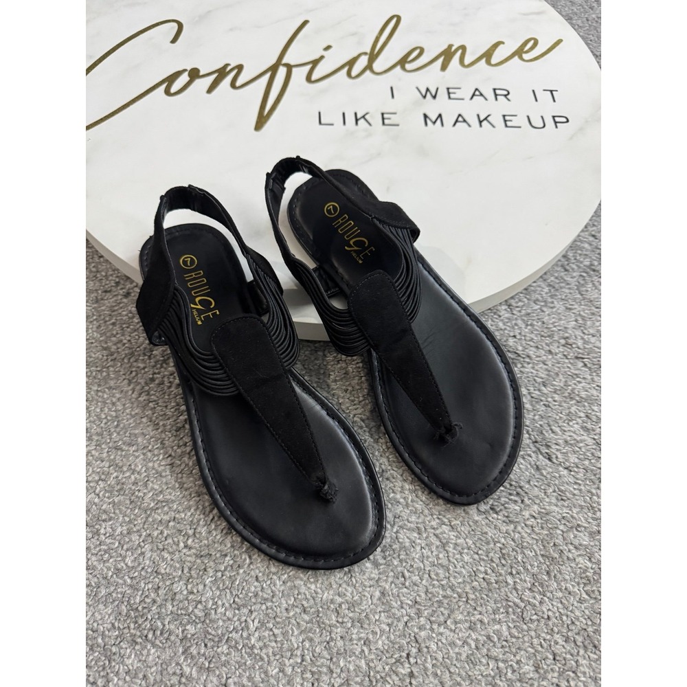 Rouge Helium Womens Black Slingback T-Strap Flat Sandals Size 7